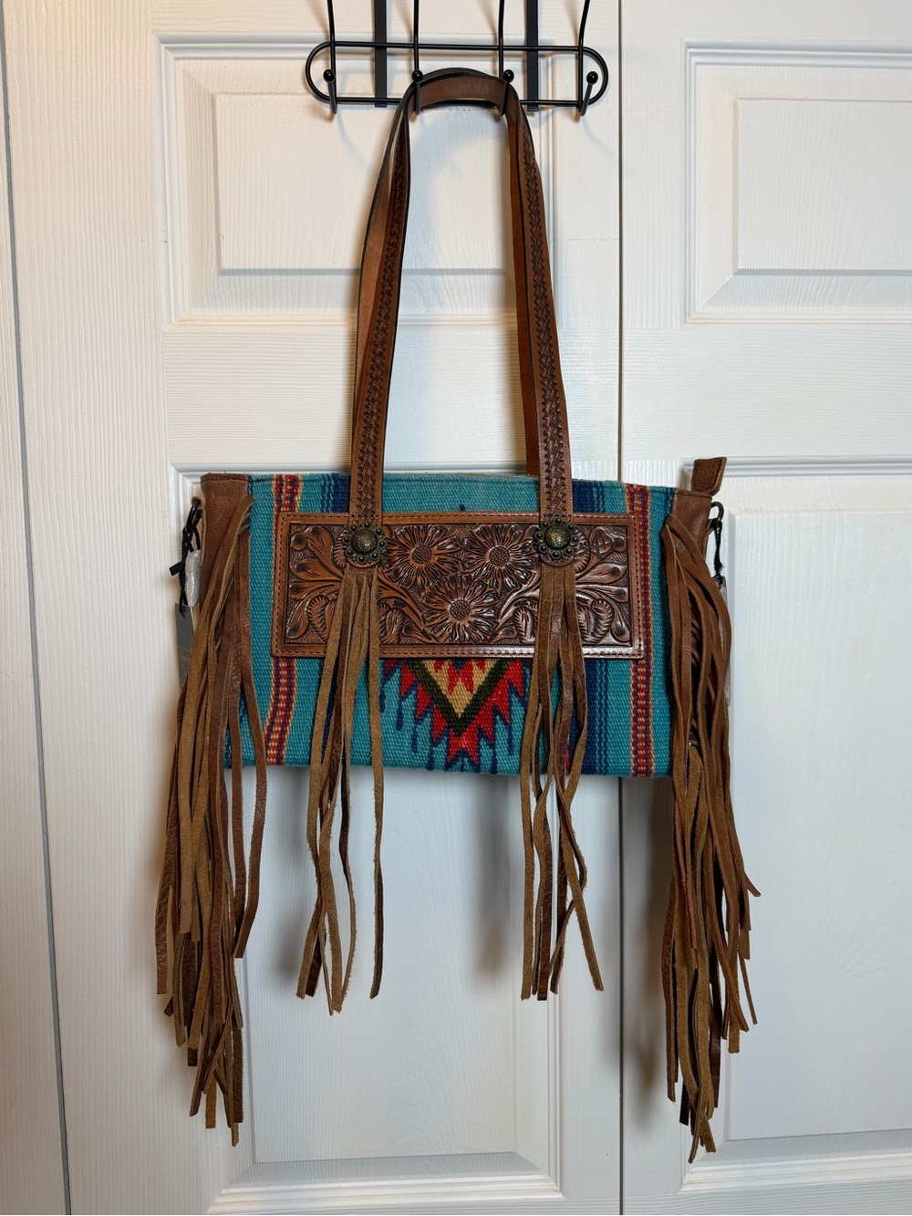 American Darling NWT Turquoise Serape Leather Fringe Western Tote Bag